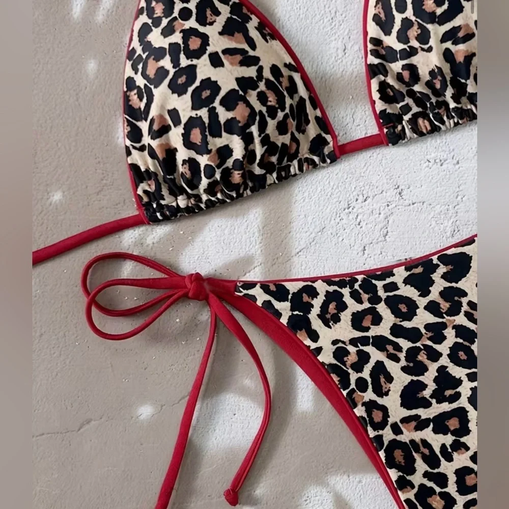Leopard Print Halter Red Bows Side Tie Bikini Set - Picture 5 of 8